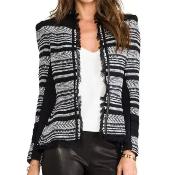 Rebecca Taylor Black and White Stripe Tweed Peplum Jacket Size 6 EUC - Picture 1 of 4